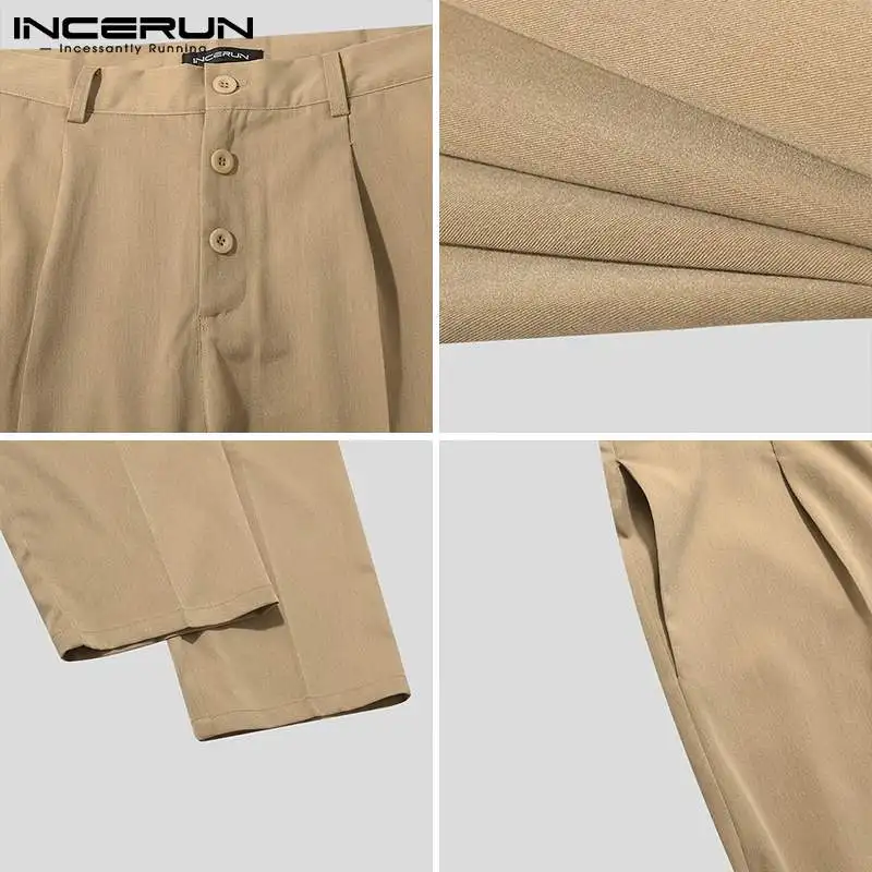 

2021 Men Casual Pants Solid Color Button Streetwear Fashion Straight Trousers Joggers Leisure Pantalones Hombre S-5XL INCERUN