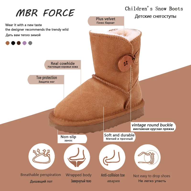MBR FORCE real leather short ankle suede snow boots Children fur lined winter shoes Boys Girls wooden buckle with |