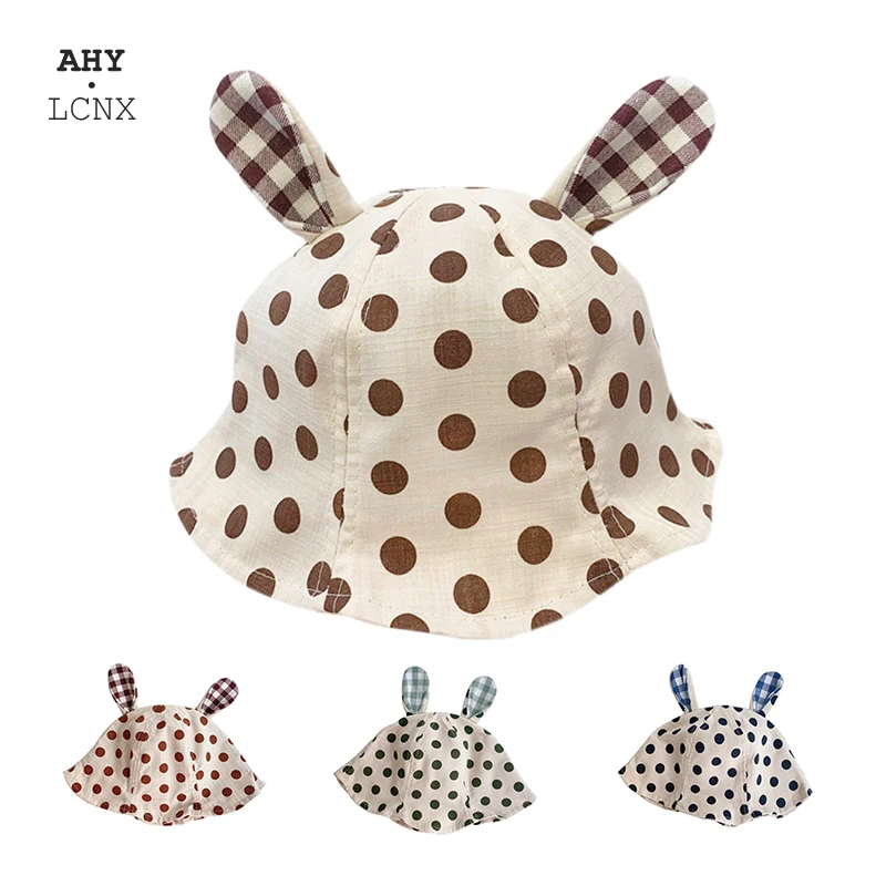 

Korean Spring Baby Bucket Hat With Ears Polka Dot Kids Beach Sun Cap Cotton Cute Bunny Fisherman Hats Girl Boy Panama Caps 0-2Y