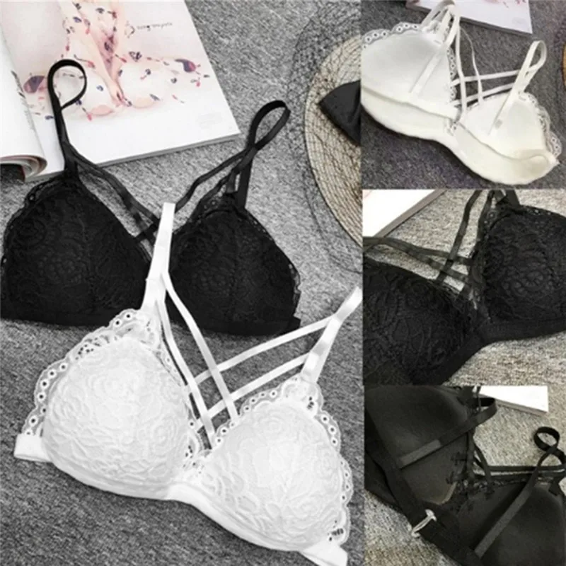 

BONJEAN Lace Embroidered Sweat-absorbing Underwear Women's Small Chest Gather Front Chest Strap Cross Bra Wireless Bras BJ2059