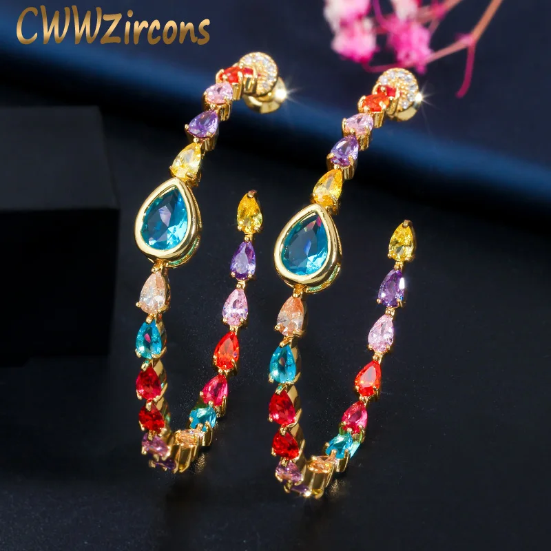 CWWZircons-pendientes de aro chapados en oro 585 para mujer, aretes de aro, redondos, Multicolor, arcoíris, CZ, grandes, regalo de joyería, CZ641