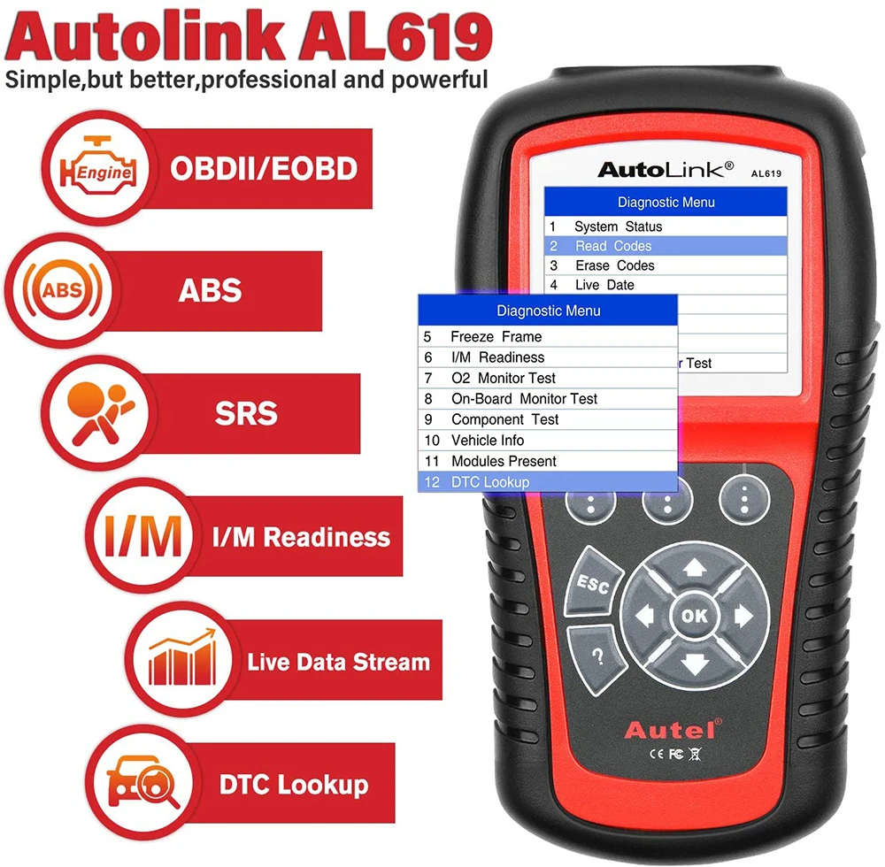 Autel AutoLink AL619 OBD2 сканер ABS SRS Инструмент для сканирования подушек безопасности