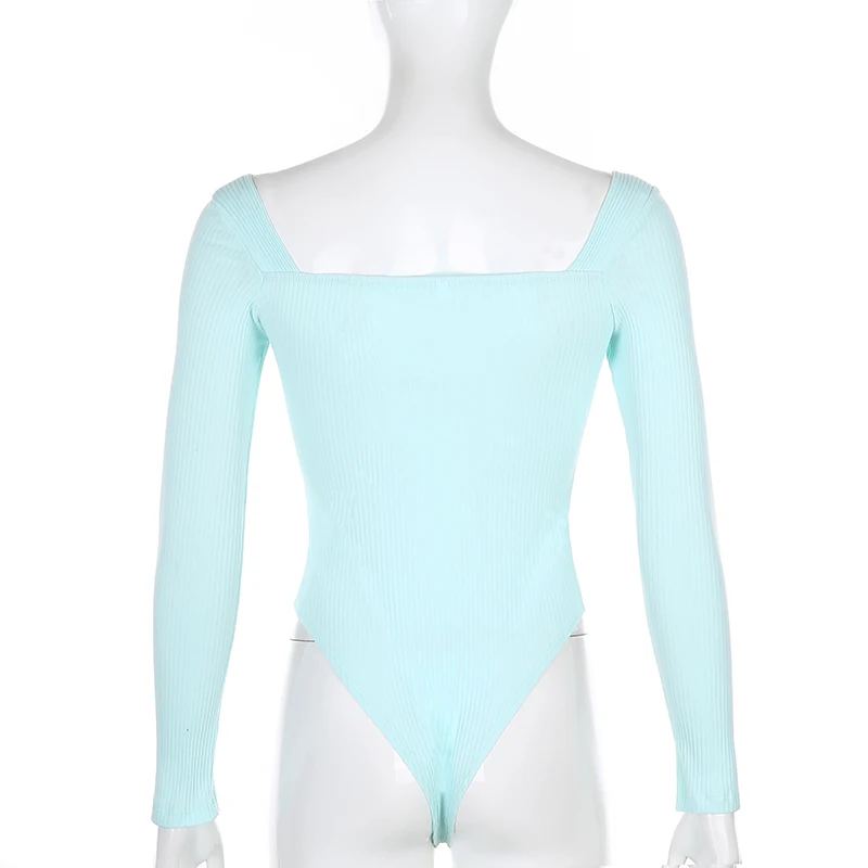 

Darlingaga Square Neck Ribbed Knitted Long Sleeve Bodysuit Women Autumn Winter Body Skinny Basic Buttons Bodysuits Casual Romper