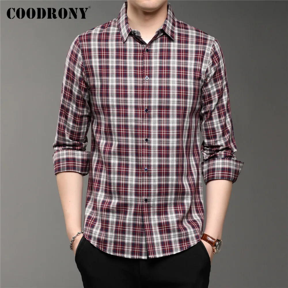 

Модная классическая клетчатая рубашка с длинным рукавом из 100% хлопка, деловая Повседневная рубашка для мужчин, бренд COODRONY, весна-осень, Ново...