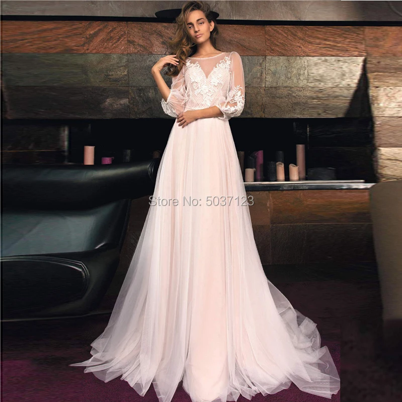 ТРАПЕЦИЕВИДНОЕ Тюлевое свадебное платье с длинными рукавами и круглым вырезом