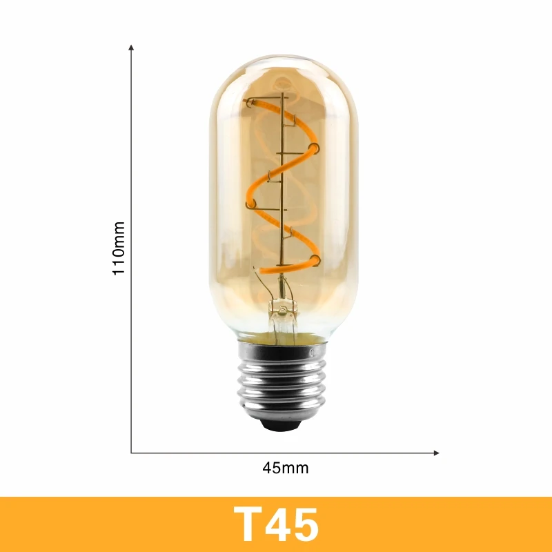 T45 Ретро Спираль светильник светодиодный ламп накаливания 220V A60 ST64 G125 G95 G80 T45 T185 затемнения 4 Вт 2200K Винтаж лампы для декоративный светильник Инж - Испускаемый цвет: T45