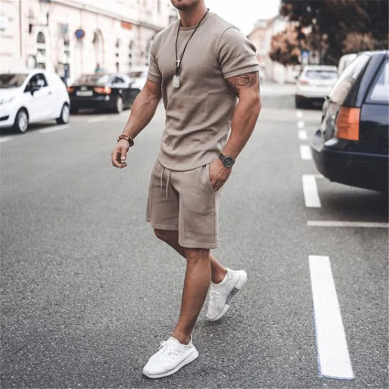 

2021 New Men's Simple Fashion Run Sweatshirt Short Sleeve Two Piece Sports Leisure Men's Suit Summer Tops