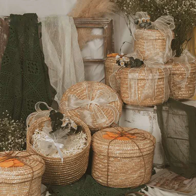 Плетеная корзина для хранения кукурузной шелухи с крышкой настольный органайзер