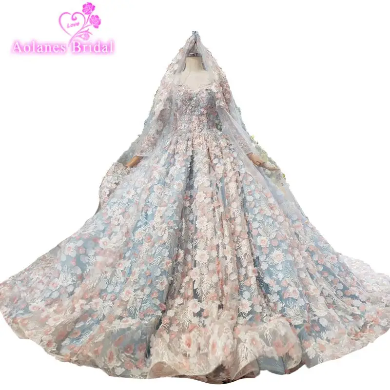 Полный 3d Цветы Кружева Бальные платья Vestido De бальное платье бисером с вуалью романтическая прозрачная аппликация для выпускного платья - Цвет: Синий