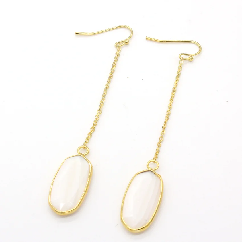 

Light Yellow Gold Color Link Chain White Shell Oval Shape Section Drop Earrings Rose Pink Quartz Jewelry