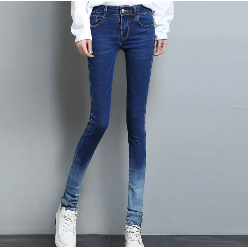 Женские джинсы весенние брюки на молнии с боковым подолом градиентные цвета