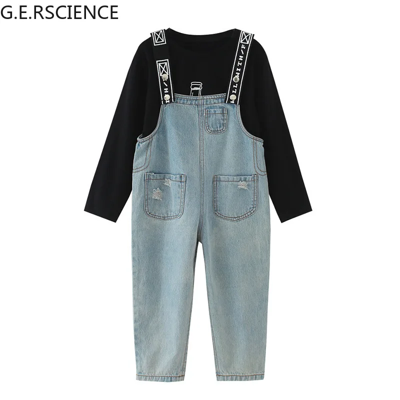 

2021 spring children's clothing suit girl girl T-shirt + denim overalls suit autumn youth sportswear