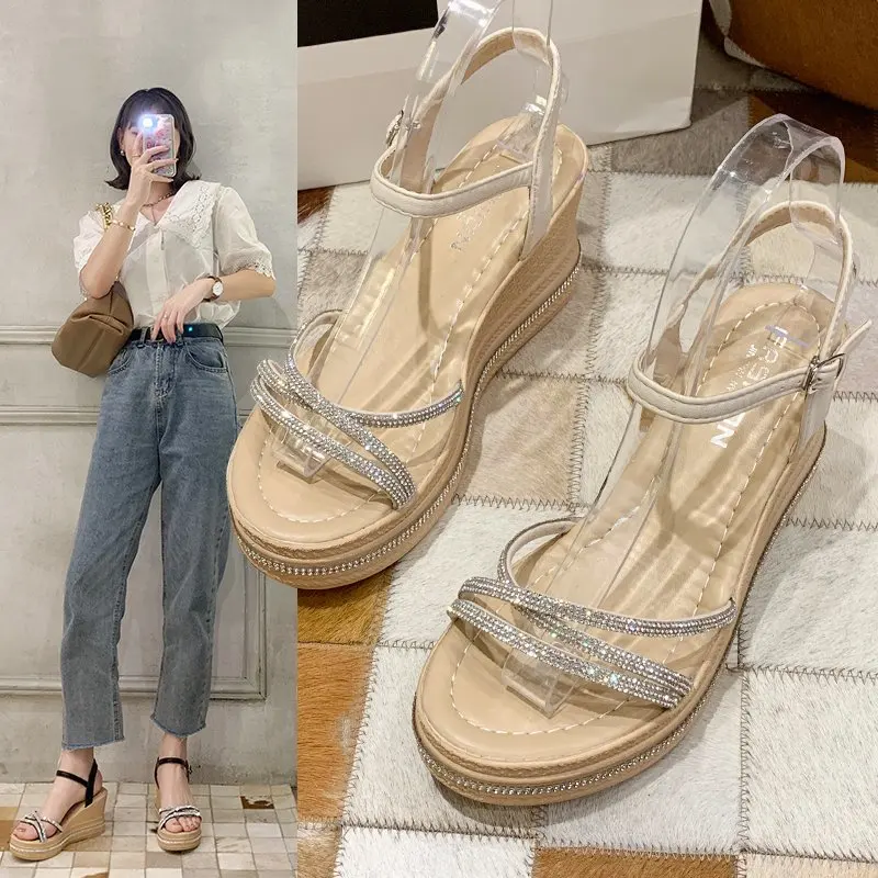 

Comfort Shoes for Women High Heel Sandals Clogs Wedge Med Buckle Strap Suit Female Beige 2021 Summer High-heeled Platform New Me