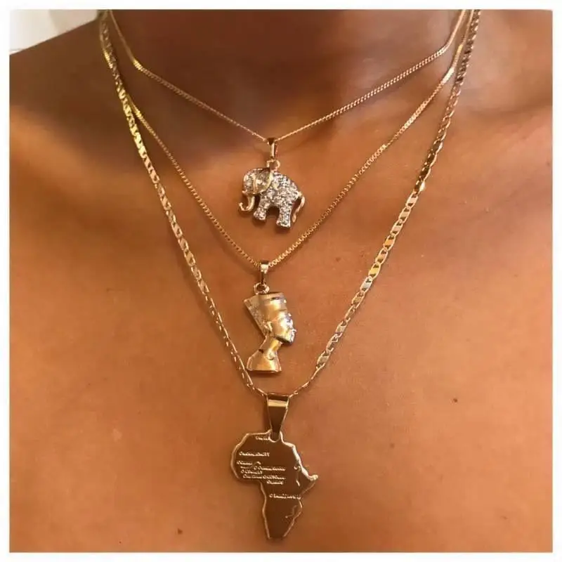 

3 Pcs/Set Vintage Crystal Elephant Pyramid Ancient Egyptian Pharaoh Map Pendant Multilayer Gold Necklace Punk Lady Jewelry Gifts