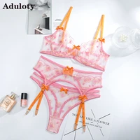 aduloty womens pink heart transparent tulle lace embroidered underwear sexy erotic lingerie underwire gather garters bra thong