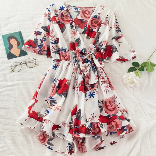 

Jumpsuit Women Fashion Chiffon Rompers Printed V-neck Short Sleeve Summer Bandage Jumpsuits Woman Wide-Leg Short Pants