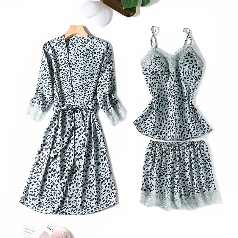Leopard Pajamas Set Faux Silk Women Sexy Lace Summer Sleepwear Sling and Shorts Satin Lady Pyjamas Homewear Bathrobe Set