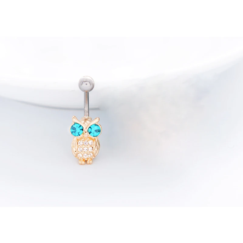 Women Sexy Rhinestone Belly Navel Piercing Ring Body Jewelry Blue Eye Owl Belly Button Ring Crystal Bird Puncture Accessories