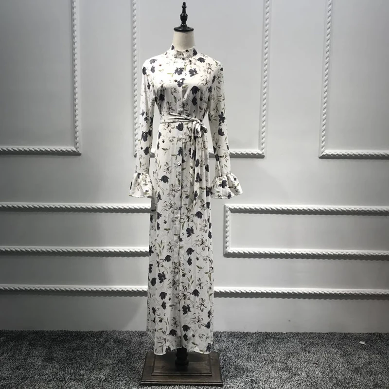 

Elegant Print Floral Abaya Dress Cardigan Muslim Long Robe Gowns Jubah Ramadan Thobe Worship Service Islamic Prayer Clothing