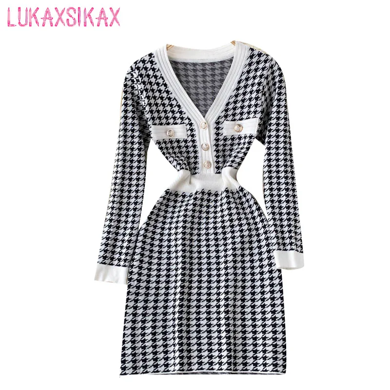

LUKAXSIKAX New Spring Autumn Women Sexy V-Neck Long Sleeve Base Mini Dress Fashion Houndstooth Color-blocked Knitted Dress