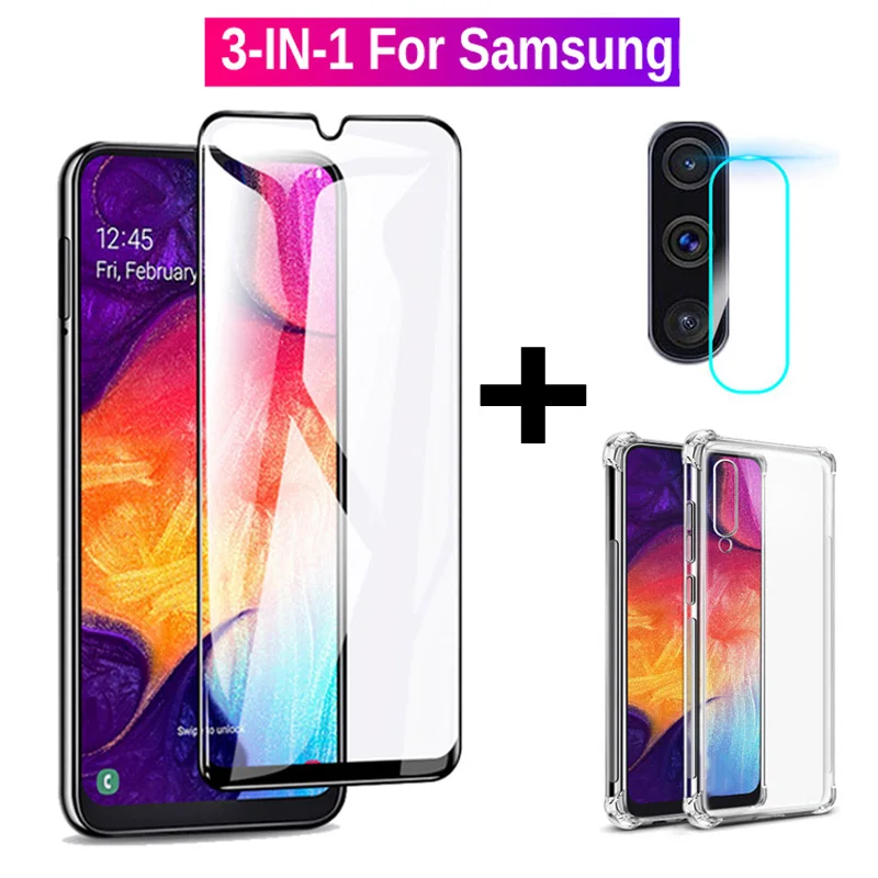 3 в 1 Защита экрана для Samsung A50 A70 A40 A30 A20 A20E A10 пленка объектива и чехол закаленное