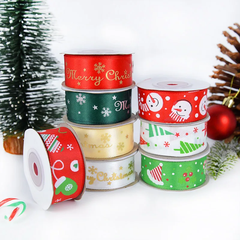 

10Yards 25mm Christmas Ribbon Printed Grosgrain Polyester Ribbon Christmas New Year Party Gift Wrapping Decoration Hair Bows DIY