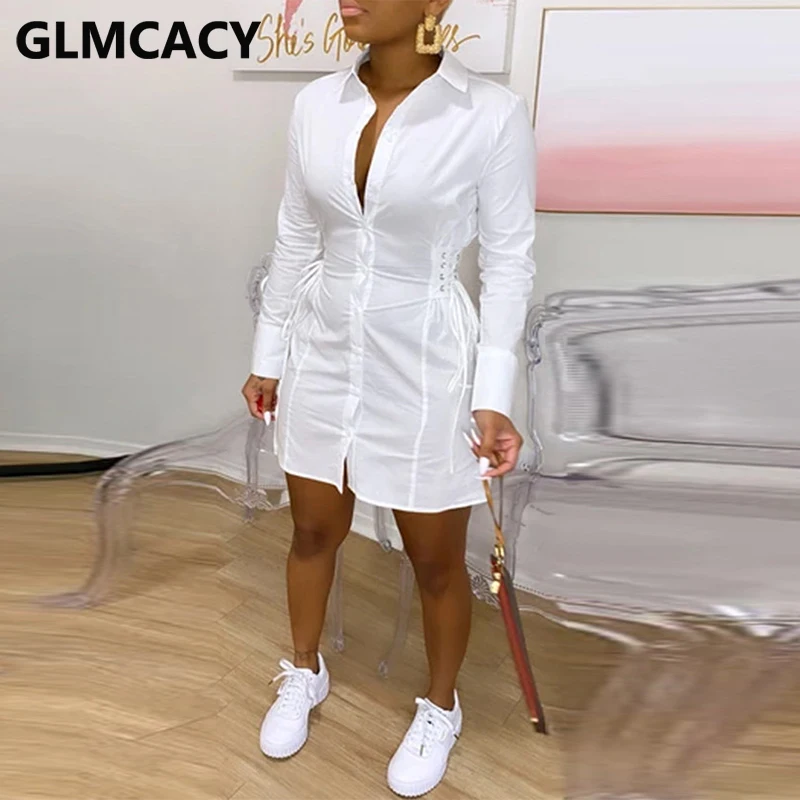 

Женское приталенное платье-рубашка на пуговицах, с длинным рукавом, туника на шнуровке, мини-платье
