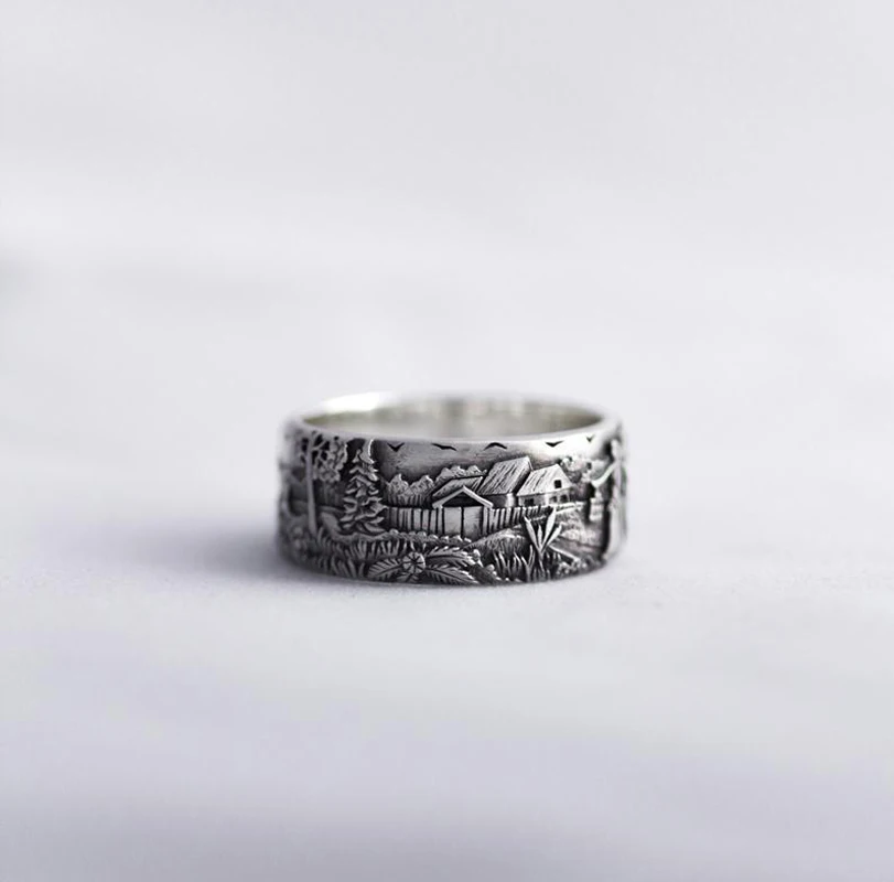

Vintage Rural Pattern Antique Silver Color Rings For Men Women Couple Jewelry Creative Boho Ring Male Female Wedding Promise