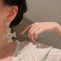 diamond water drop cross earrings colorful crystals eardrop stud earrings fashion stainless steel cross earrings punch jewelry