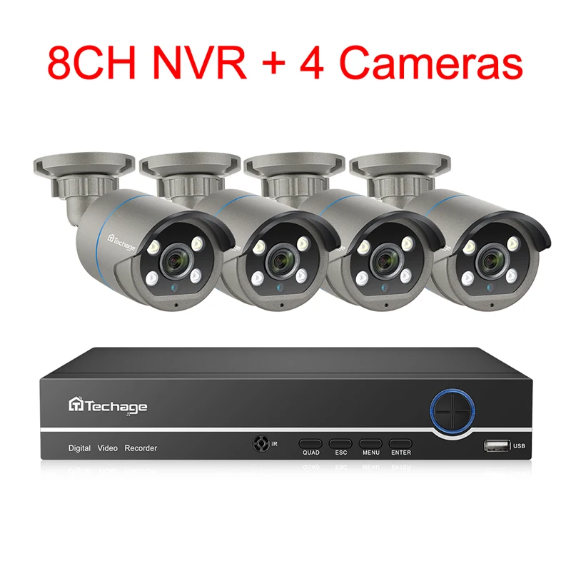 Techage H.265 8CH 1080P POE NVR комплект видеонаблюдения Системы двухстороннее аудио 2MP AI IP Камера ИК наружного видеонаблюдения набор 2 ТБ HD - Цвет: 4 Cameras System Set