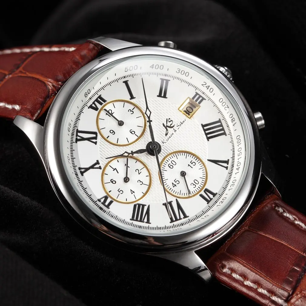IMPERIAL KS Retro Skeleton 6 Hands Golden Case Luxury Brand Day Month Display Brown Leather Strap Men's Mechanical Watch / KS146