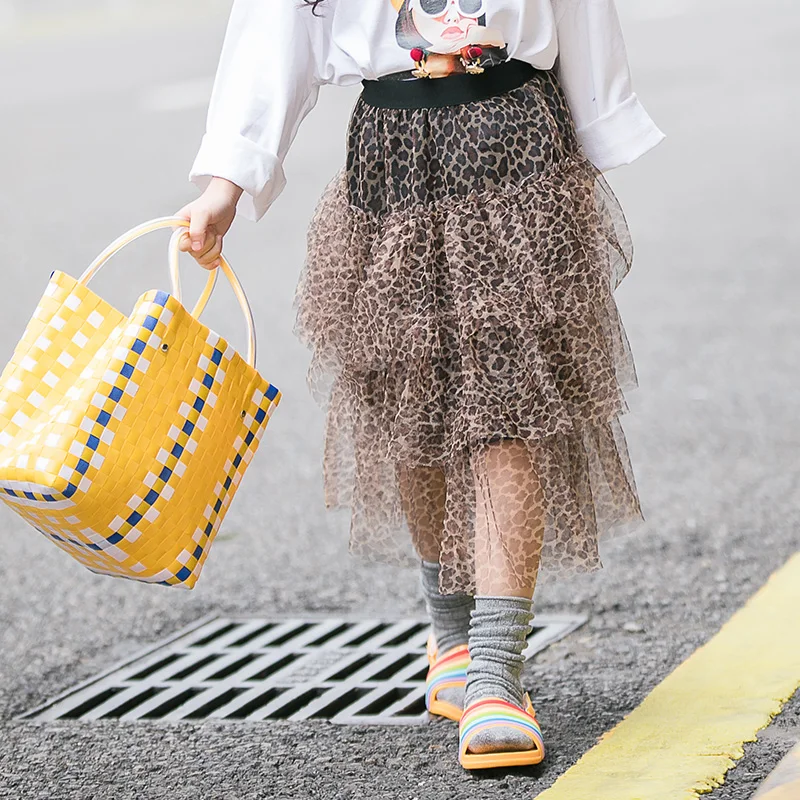 Модная юбка для девочек с леопардовым принтом шифоновая и сетчатая
