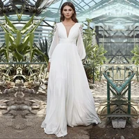 bohemian wedding dress 2021 a line v neck lace embroidery lantern long sleeve backless beach bridal gown vestidos de noiva