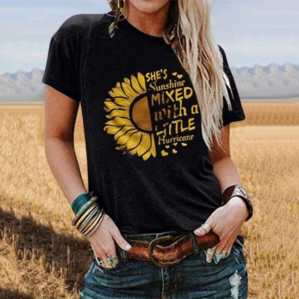 Женская летняя футболка с круглым вырезом коротким рукавом и принтом