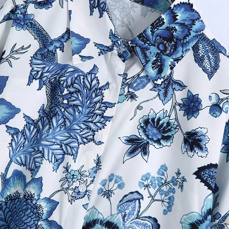 

Spring Za Blue White Printed Floral Shirts Women 2021 Fashion Long Sleeve Oversized Blouse Female Vintage Button Up Shirt Ladies