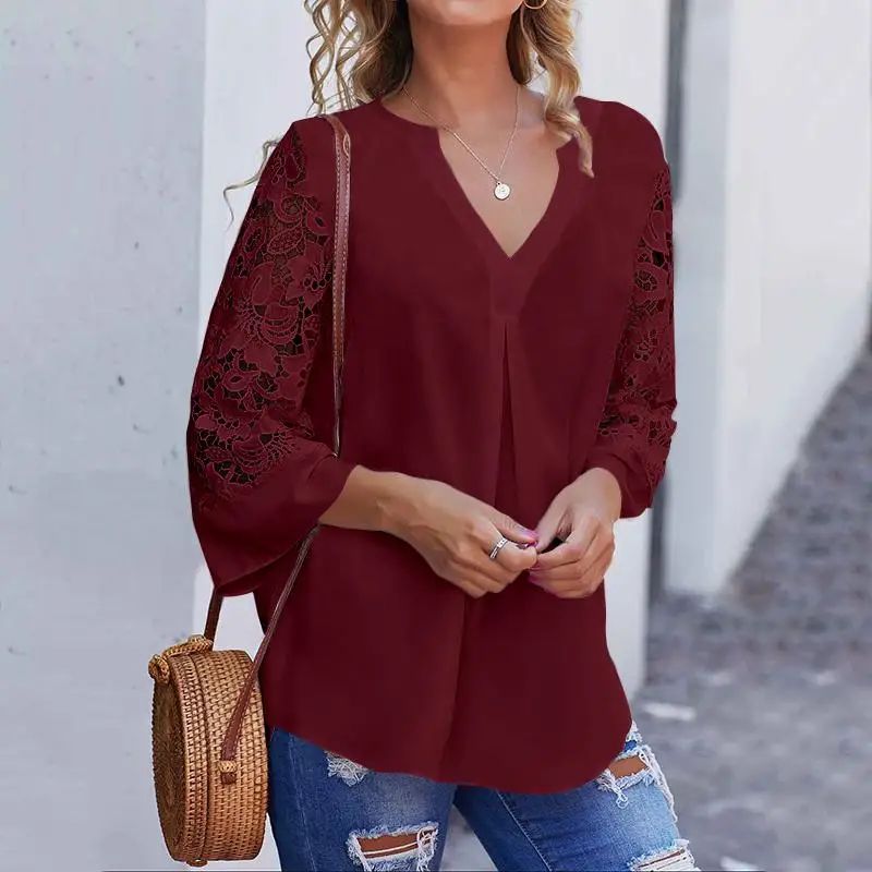 

Celmia Summer Women White Blouse V neck Lace Shirts 3/4 Sleeve Sexy Hollow Out Tunic Tops Casual Loose Solid Office Blusas S-5XL