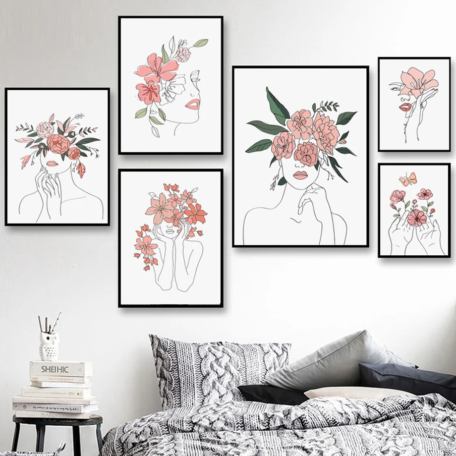 Абстрактная девушка портрет линии цветы ваза настенное искусство холст живопись