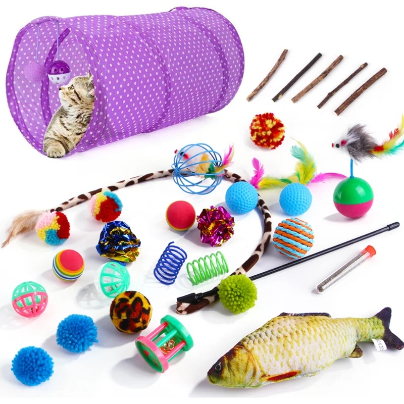 

30Pcs Cat Toy Kitten Toys Assortments Tunnel Teaser Wand Interactive Feather Toy Fluffy Mouse Crinkle Balls Catnip Fish