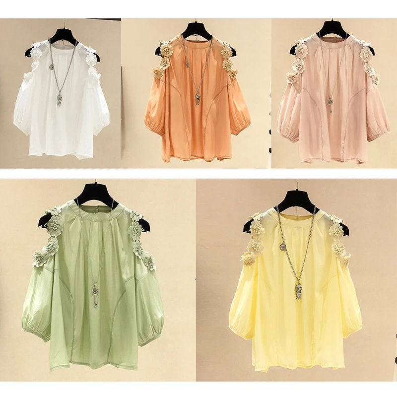 

Blusas Mujer De Moda 2020 Flower Decoration Chiffon Shirt Loose Style Off Shoulder Women's Blouse
