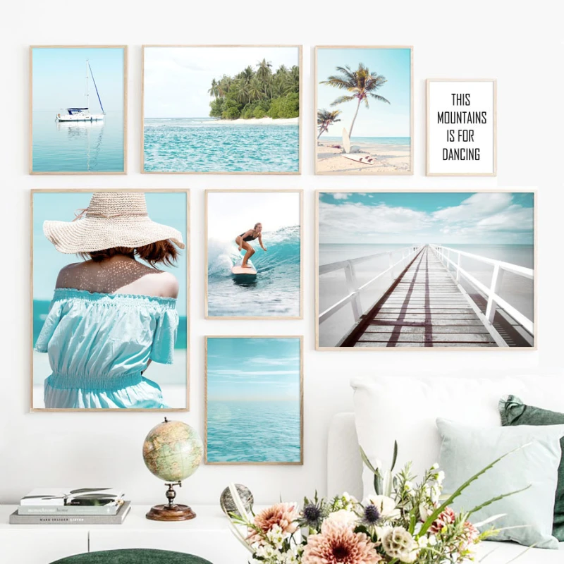 

Nordic Surfboard Beach Ocean Girl Poster Sofa Background Wall Home Decoration Living Room Bedroom Frameless Canvas Painting Core