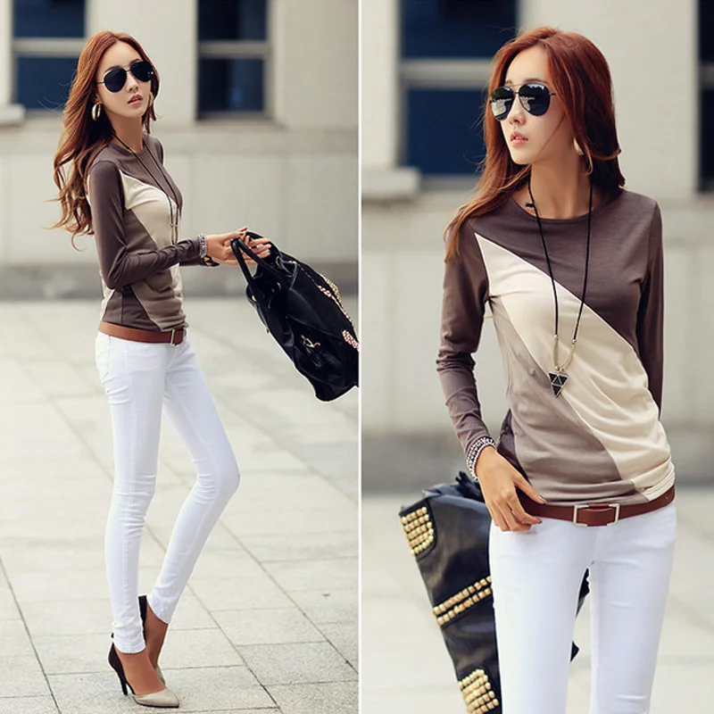 

Women Autumn T-shirts Long Sleeves Slim Fit Round Neck Mixed Color Female Tops SEC88