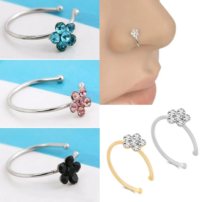 

Classic Fake Flower Floral Crystal Nose Piercing Body Jewelry Nose Hoop Nostril Nose Ring Tiny Helix Cartilage Ring