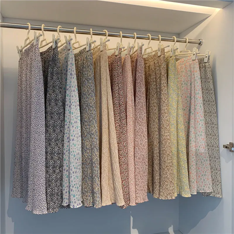 

Floral skirt female summer 2021 new pleated skirt ins super fairy thin high waist mid-length a-line chiffon draped long skirt