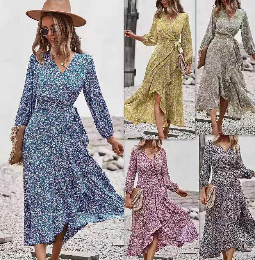 

2021 Autumn New Bowknot Printed Ethnic Mid-waist Temperament Commuter Floral Long Skirt Dress