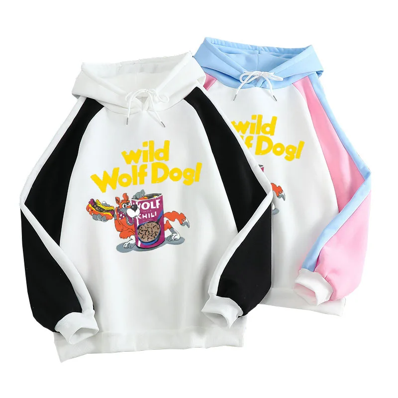 

2021 Kpop Wild Wolf Dogl Hoodie Men/Women Casual Printed Loose Color Block Sweatshirt Hip Hop Unisex Streetwear Harajuku Tee Top