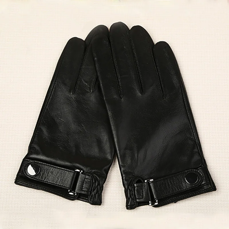 

Men Genuine Leather Gloves Driving Winter Fashion Warm Sheepskin Motorcycle Winter Gloves w/Buckle Black Gloves Men Full Finger