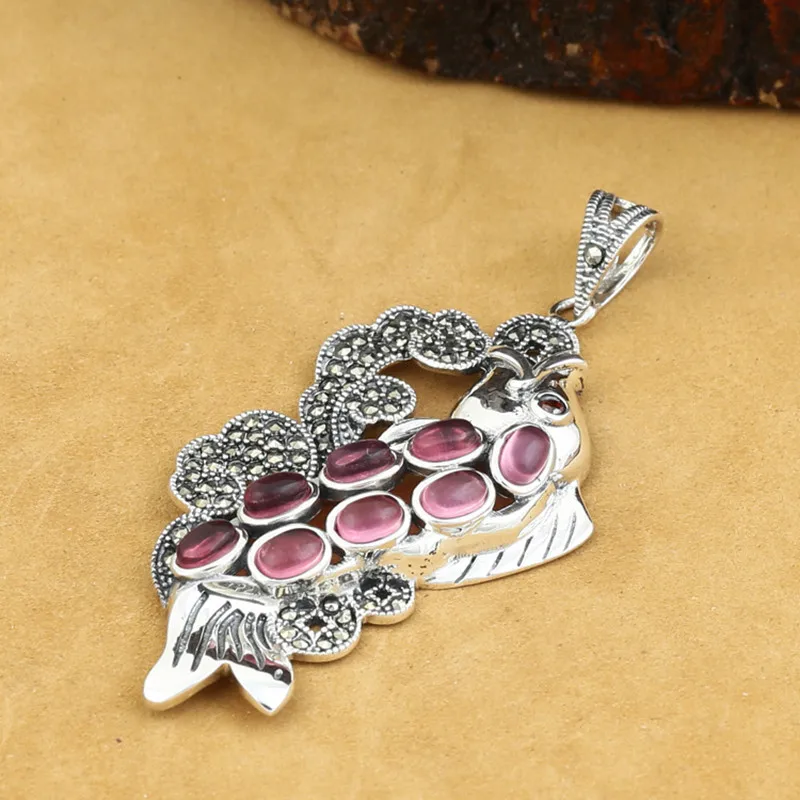 

925 Sterling Silver Animal Fish Pendant For Women Retro Thai Silver Marcasite Inlaid Red Corundum Fine Jewelry