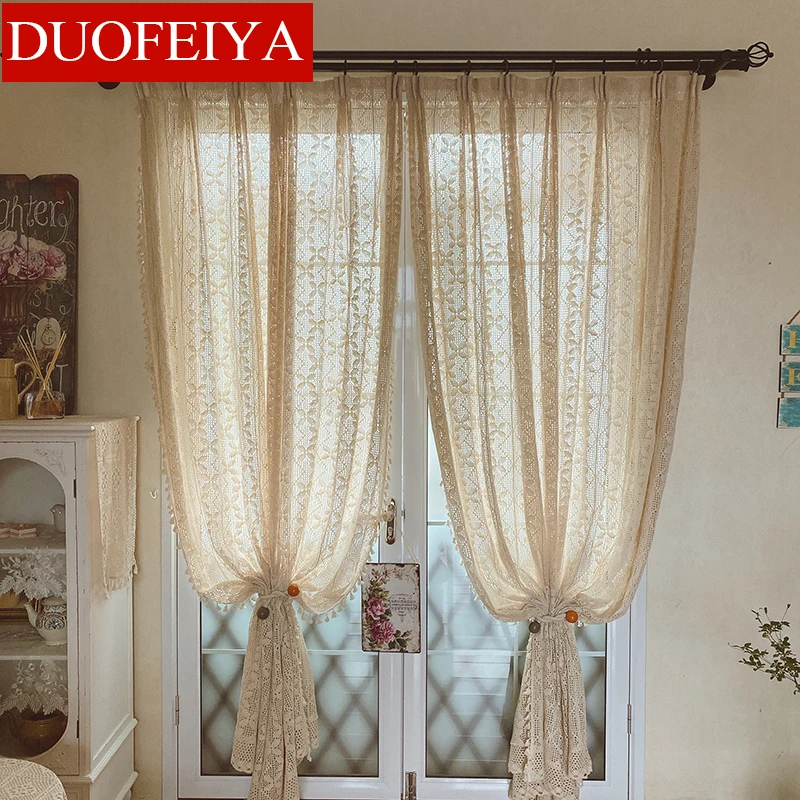 

Vintage Cotton Thread Woven Crochet Curtain Beige Hollow Tassel Finished Tulle Curtain for Living Room Bedroom
