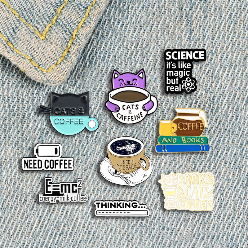 I Love Coffee Badge Creative Cartoon Cat Books Astronaut Enamel Brooch Trendy Personality Lapel Backpack Jewelry Gift | Украшения и