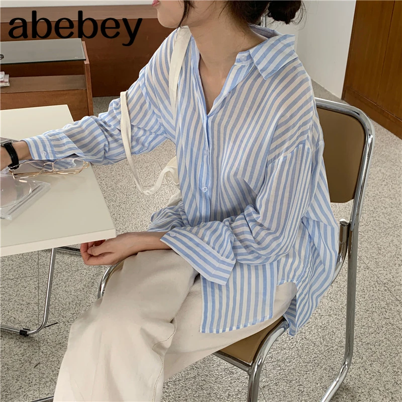 

New 2021 Spring Summer Blouses Shirts Striped Vintage Oversize Korean Style Office Lady Fashionable Wild Tops BL9096